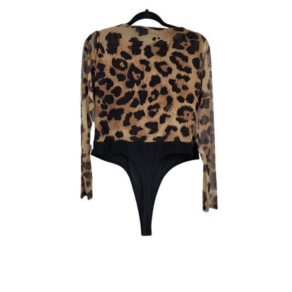 Nasty Gal Bodysuit Leotard Long Sleeve Square Neck Ruched Leopard Brown Sz 14 - Picture 2 of 7